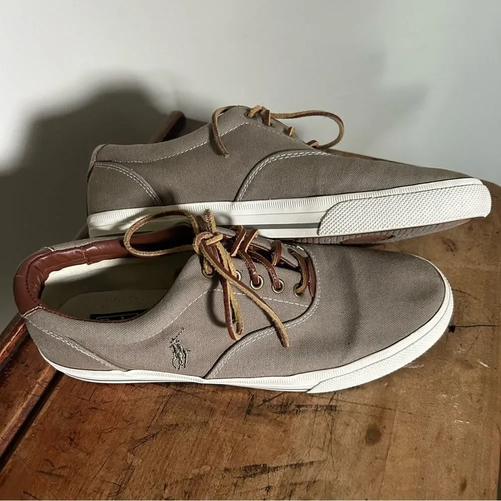 Polo Ralph Lauren Brown Leather Gray Canvas Shoes Men's 11 Good preworn conditio